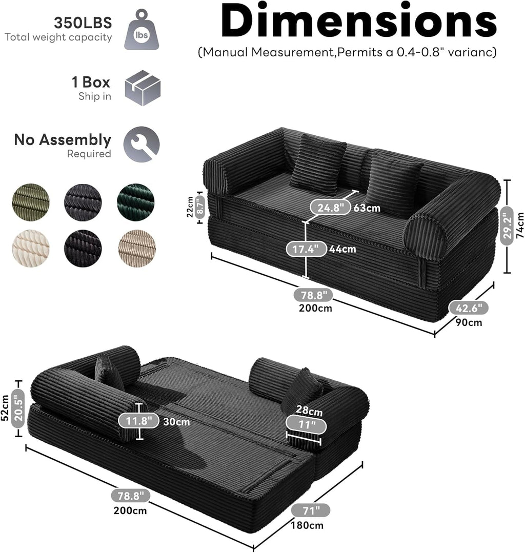 79 Inch Convertible Sofa Bed Black Luxurious Comfort