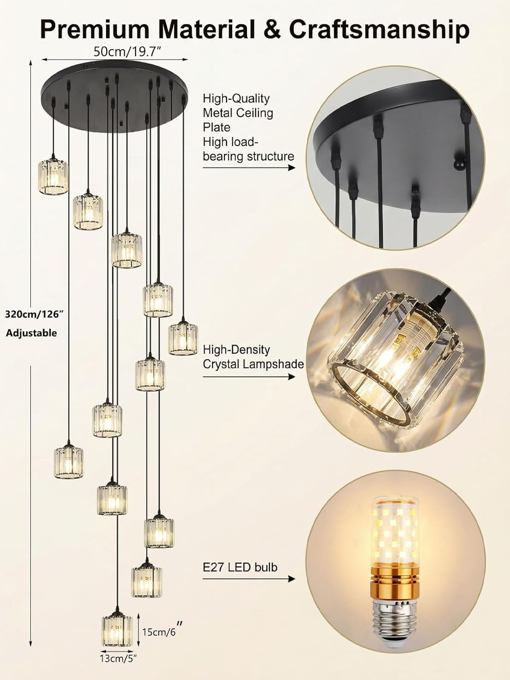 Matte Black Crystal Pendant Chandelier Lighting Fixture