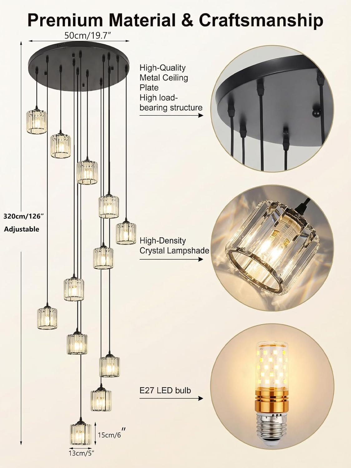 Matte Black Crystal Pendant Chandelier Lighting Fixture