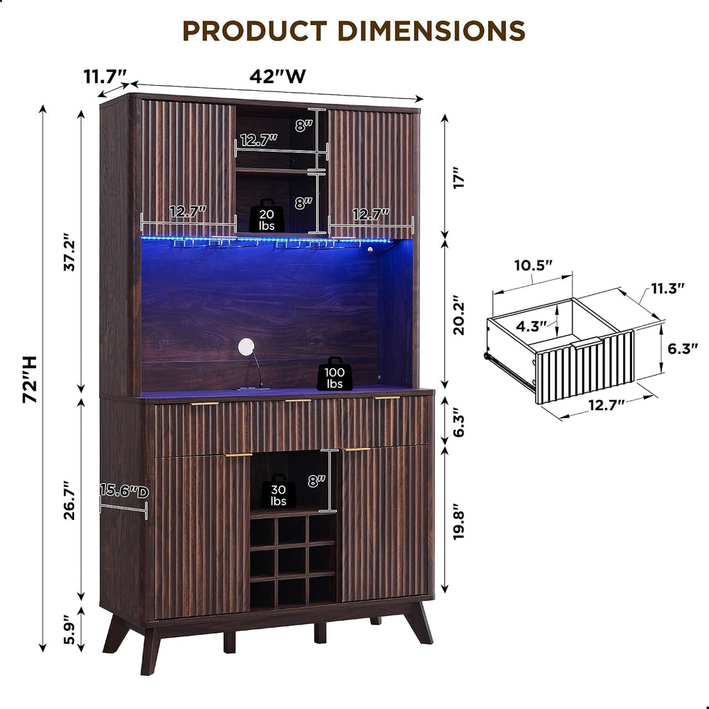 72 Inch Walnut Finish Wine Cabinet Illuminating Display