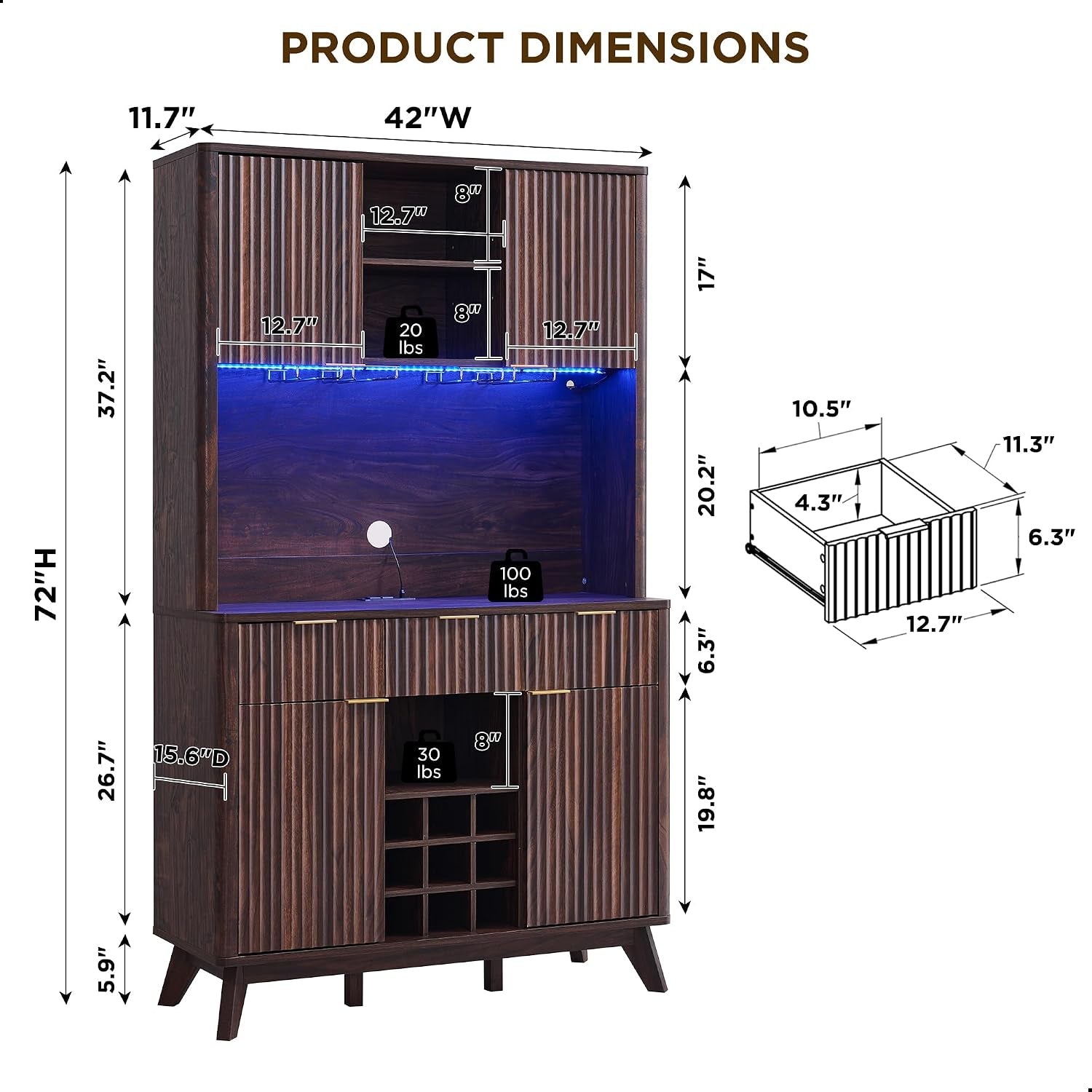 72 Inch Walnut Finish Wine Cabinet Illuminating Display