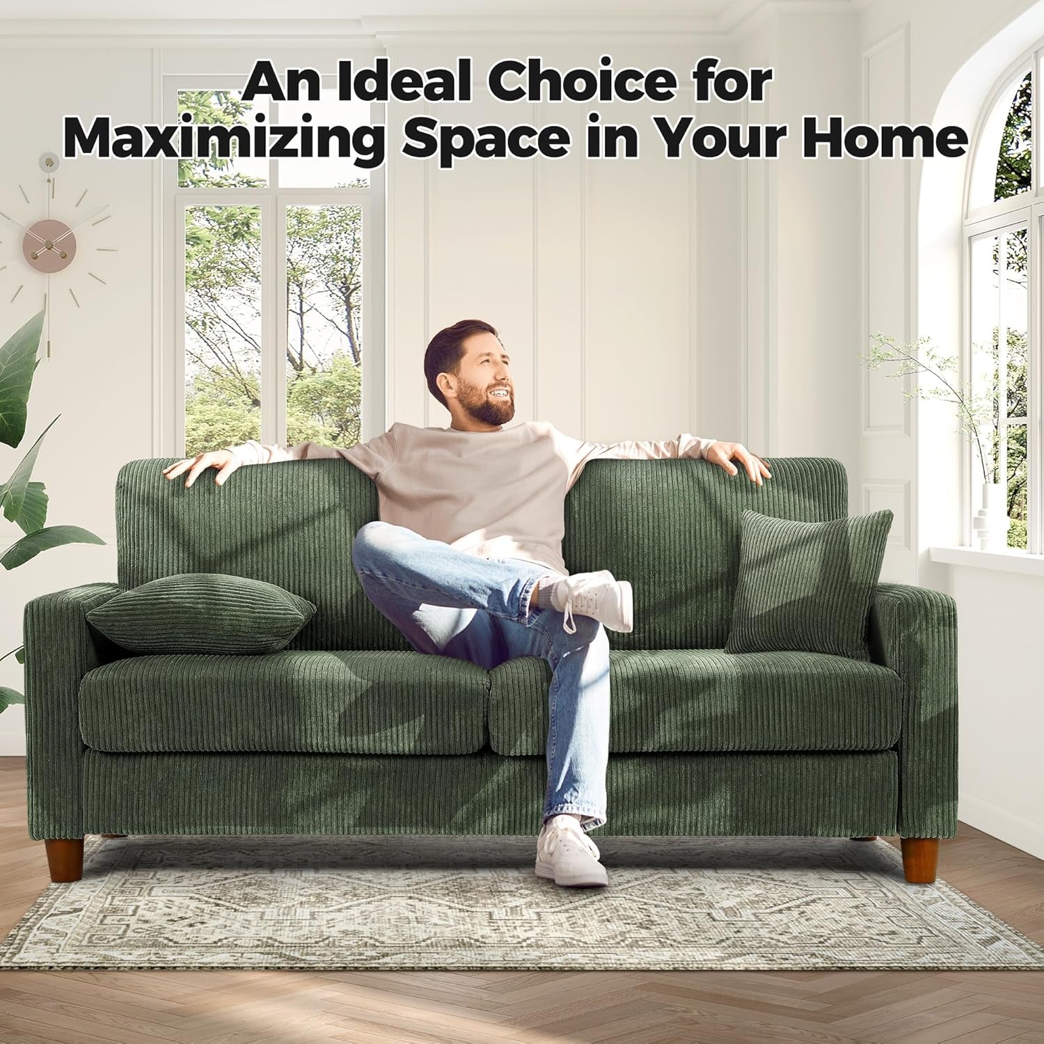 70In Emerald Corduroy Oversized Cushioned Three Seater Sofa