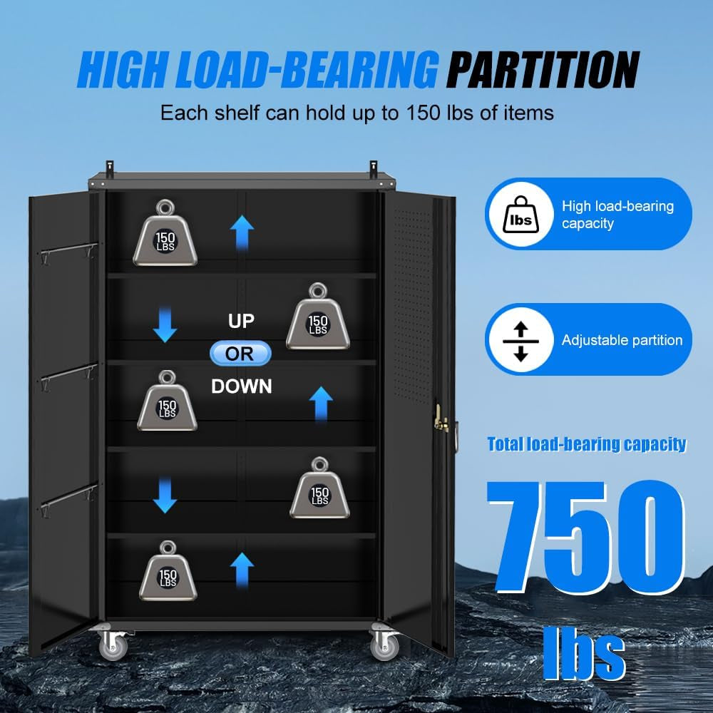 Black Metal Garage Storage Cabinet Pegboard Lockable