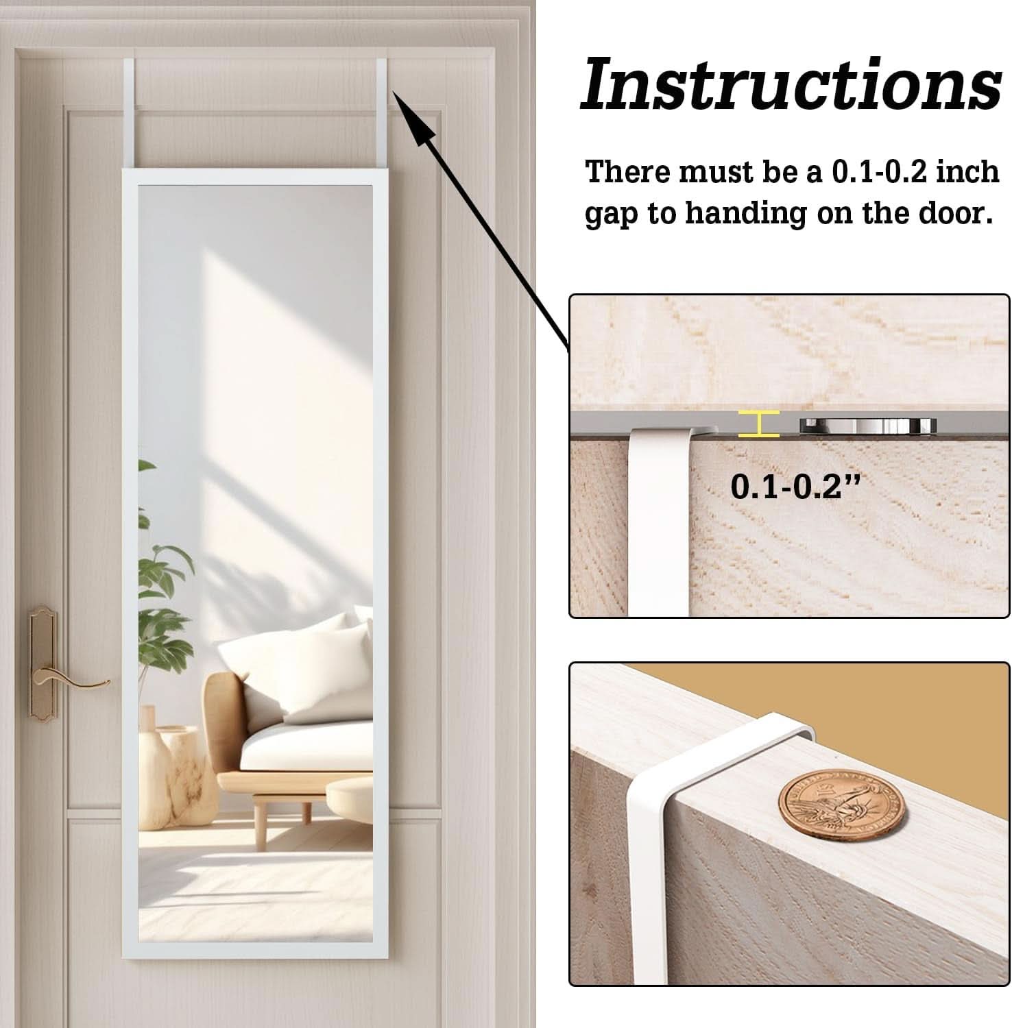 48x16 Inch Over Door Full Length Wall Mounted Mirror White