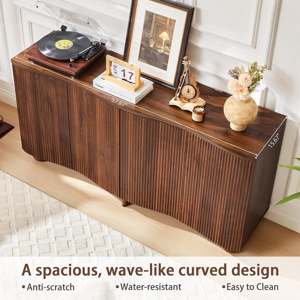 58 Inches Walnut Fluted Sideboard Buffet Cabinetry