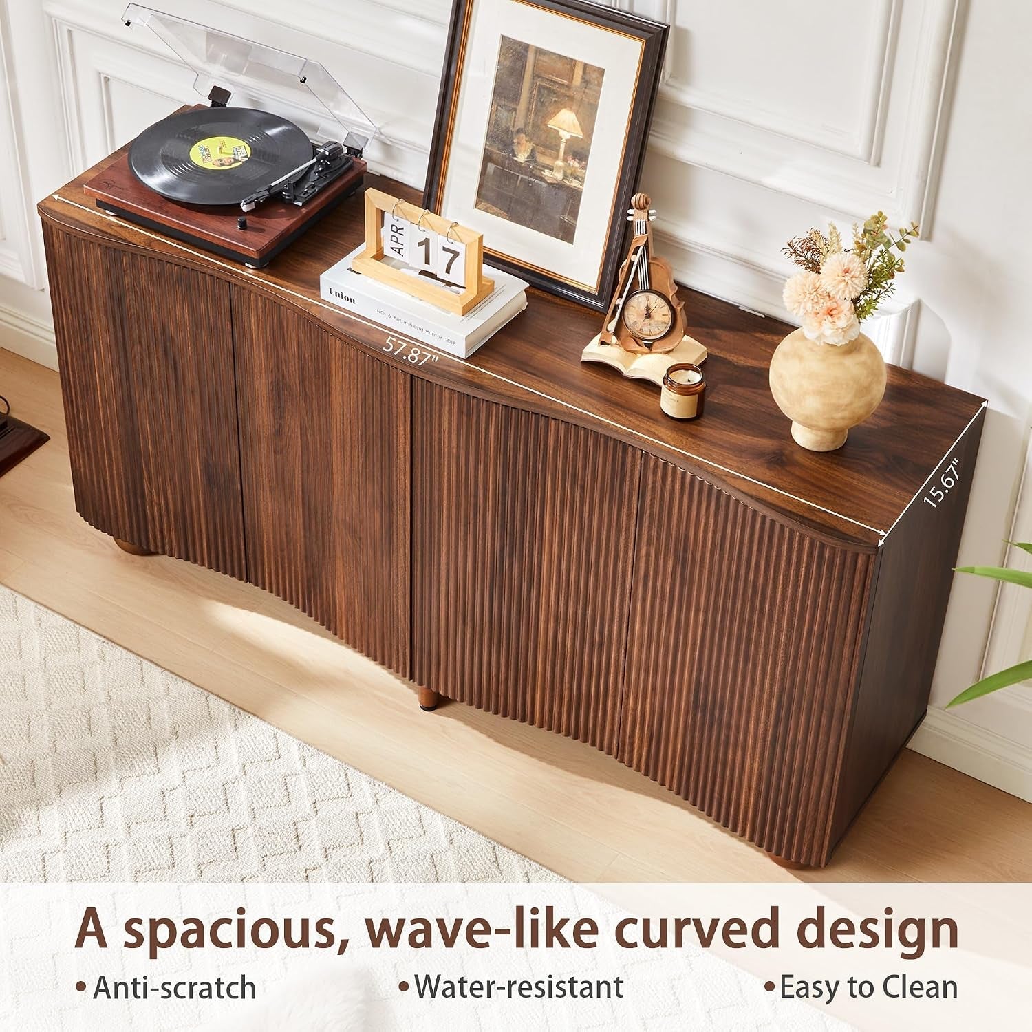 58 Inches Walnut Fluted Sideboard Buffet Cabinetry