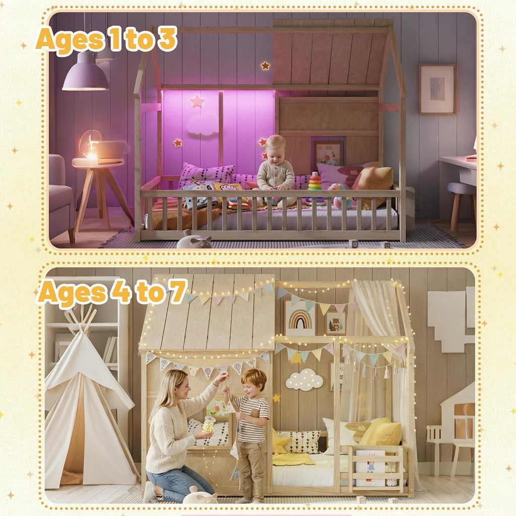 Natural Wood Montessori Twin House Bed Bookcase LED