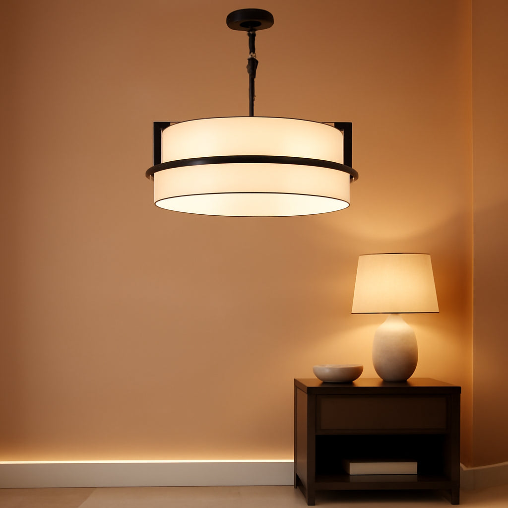 Pure White Linen Drum Pendant Chandelier 15.7Inch Wide