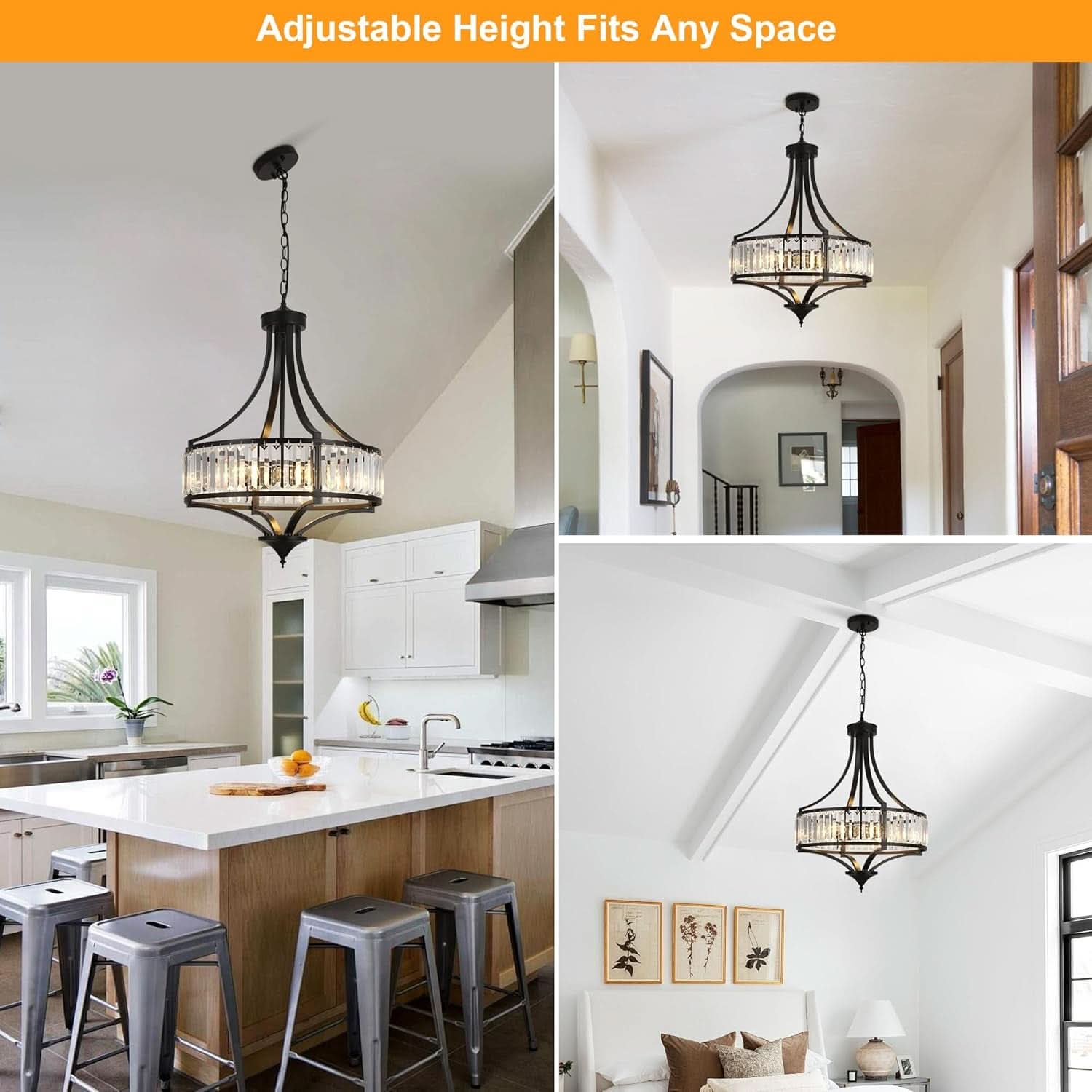 20 Inch Black Crystal Farmhouse Chandelier Pendant