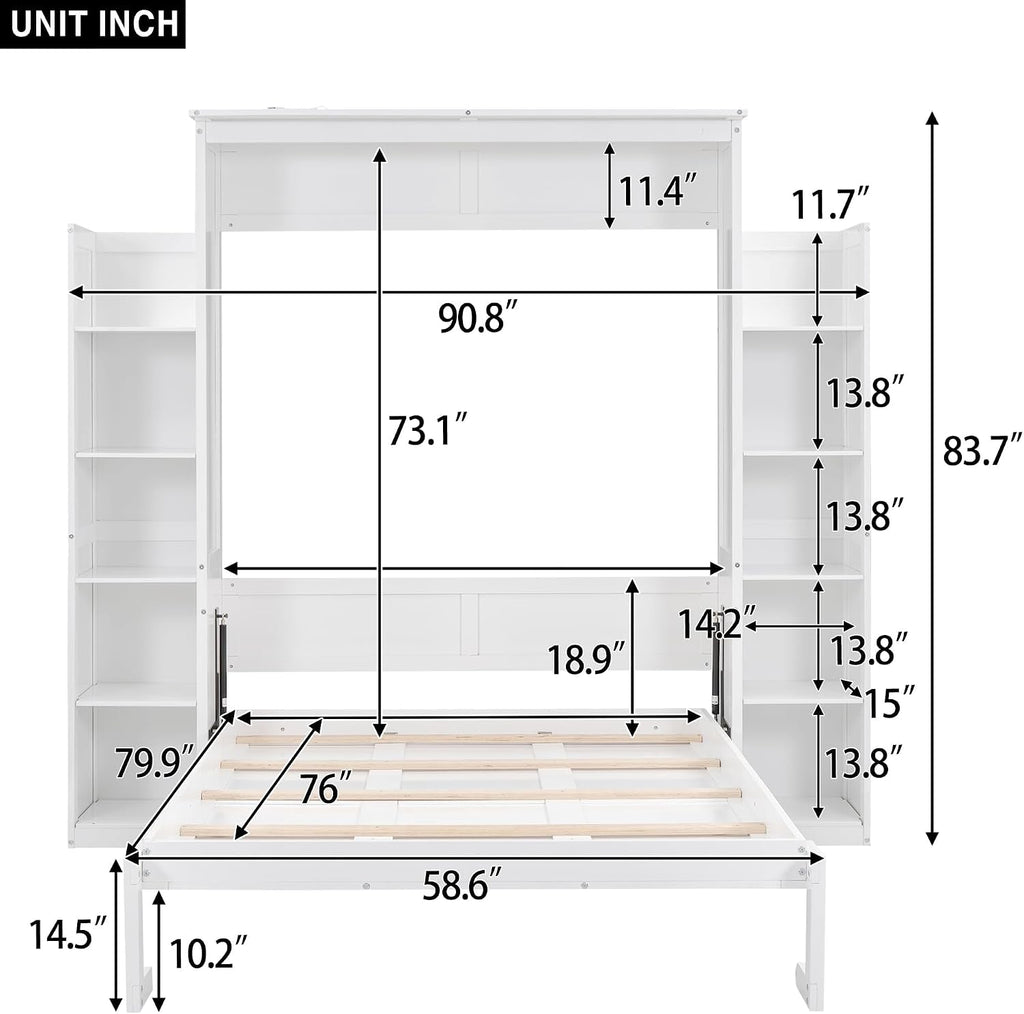 Full Murphy Bed White With BuiltIn Storage Shelves LED