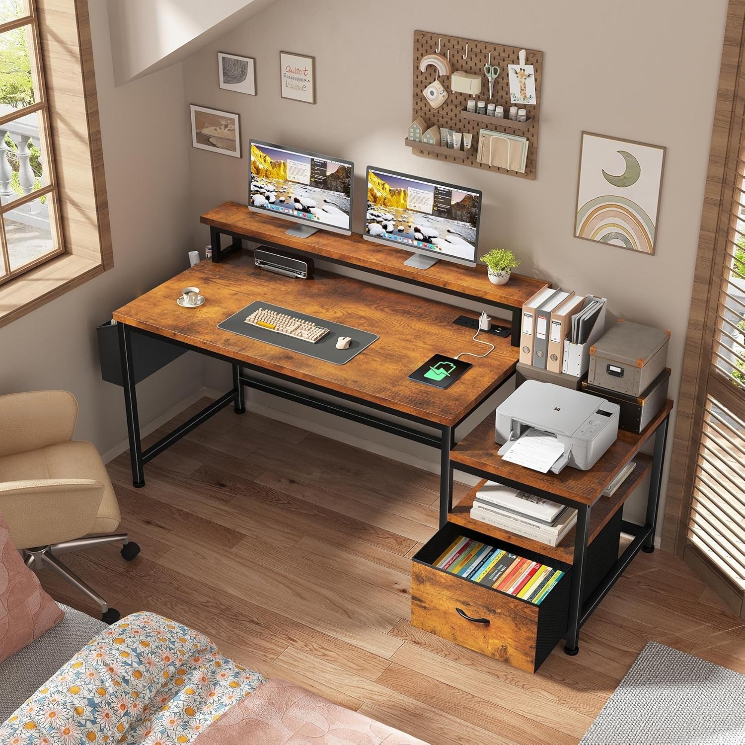 56Inch Rustic Brown Executive Office Workstation Drawers