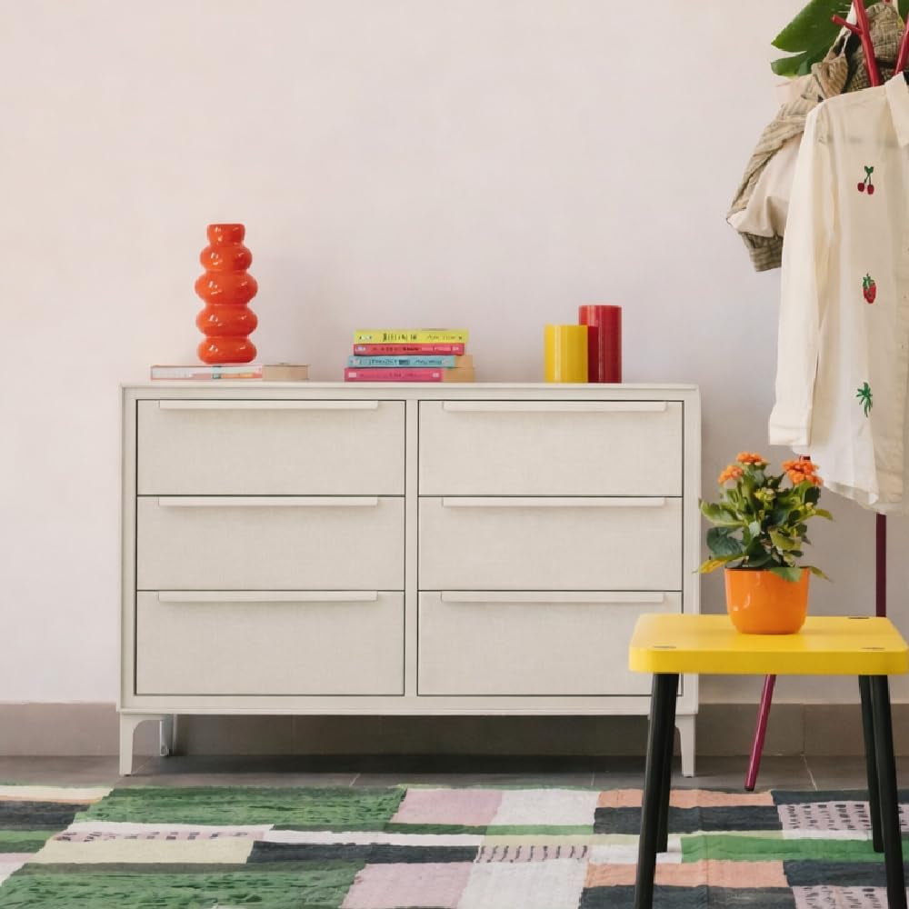Gleaming Silver Premium Fabric Dresser Six Drawers