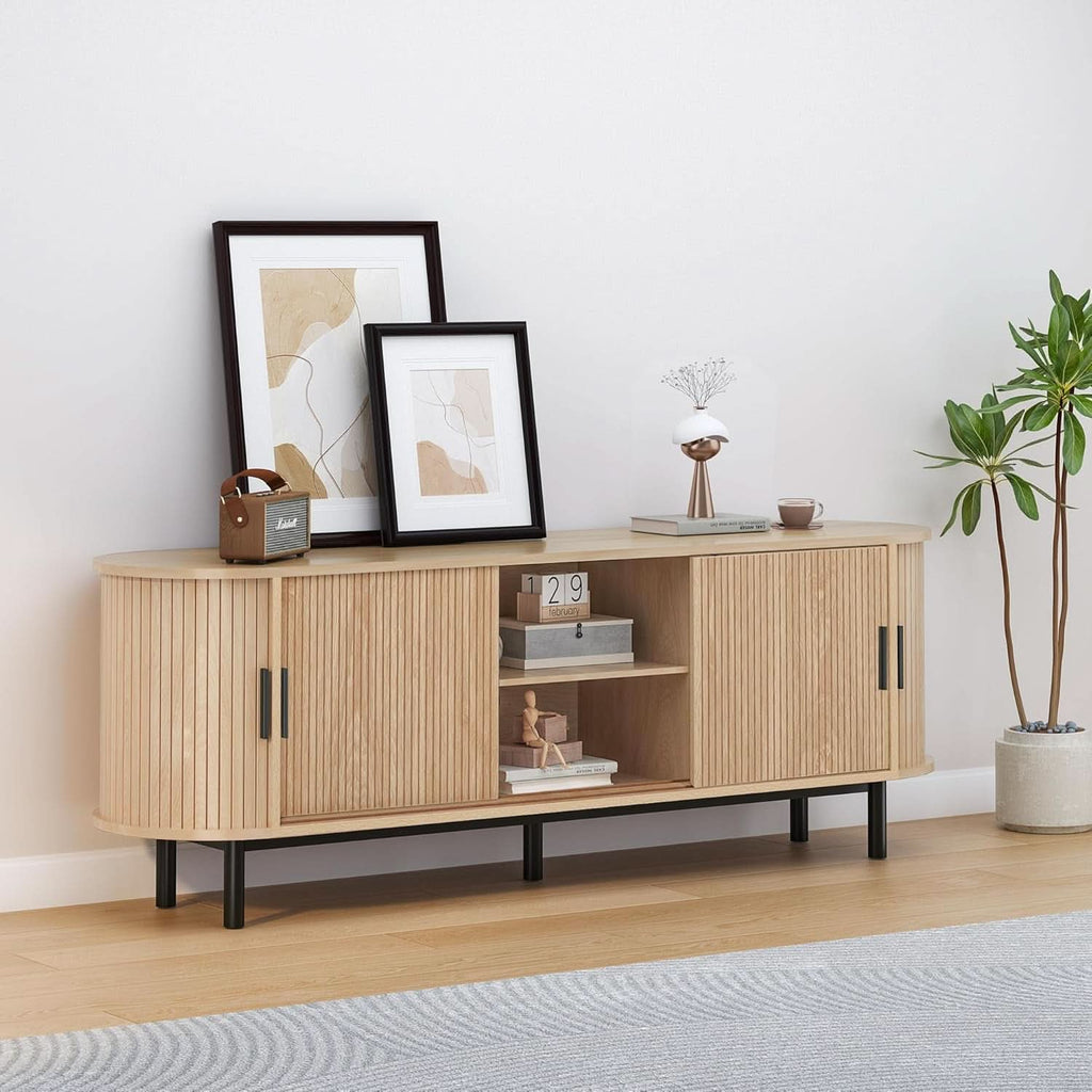 63 Inch Fluted TV Stand With Sliding Doors Natural Walnut Finish