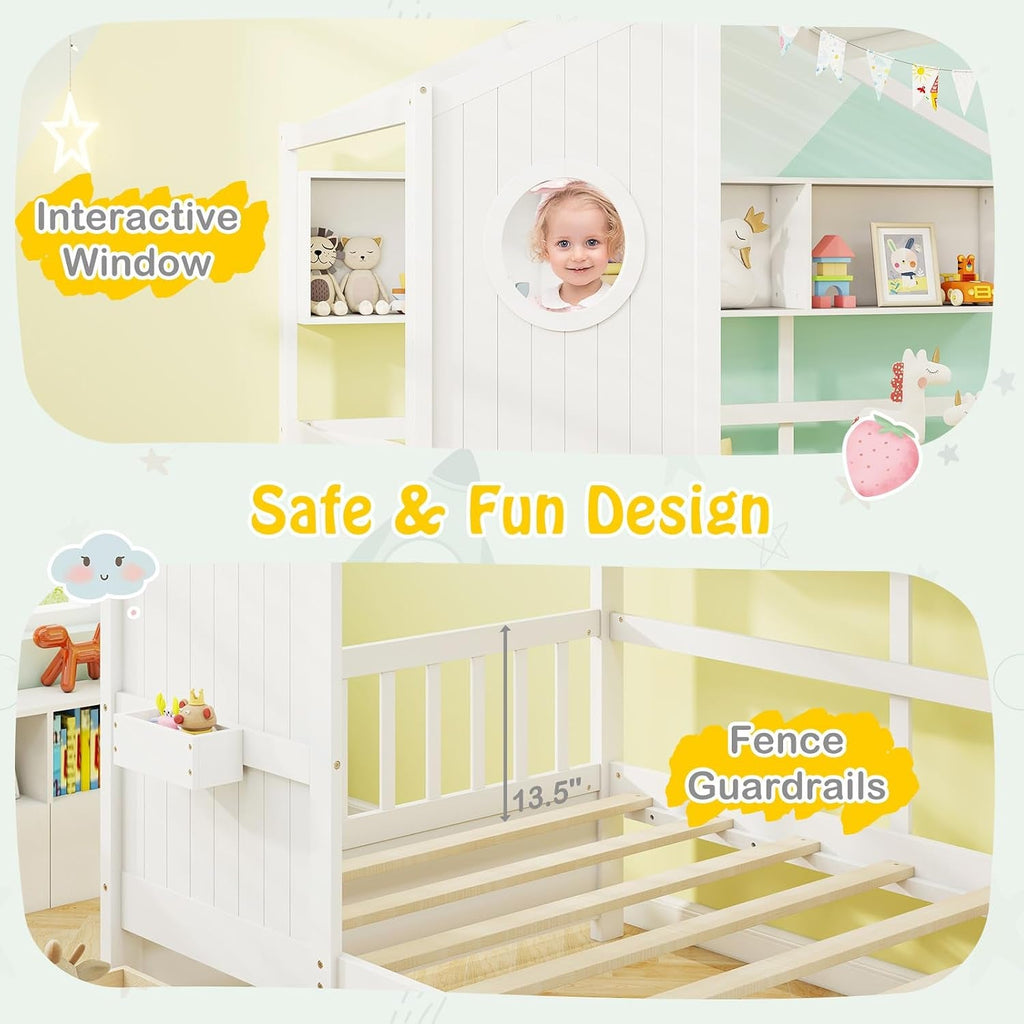 White Twin Size Wooden House Bed Two Under bed Storage Drawers