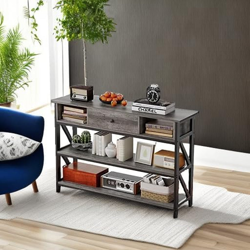 47 Inch Industrial Console Table With Drawer Grey Oak Finish