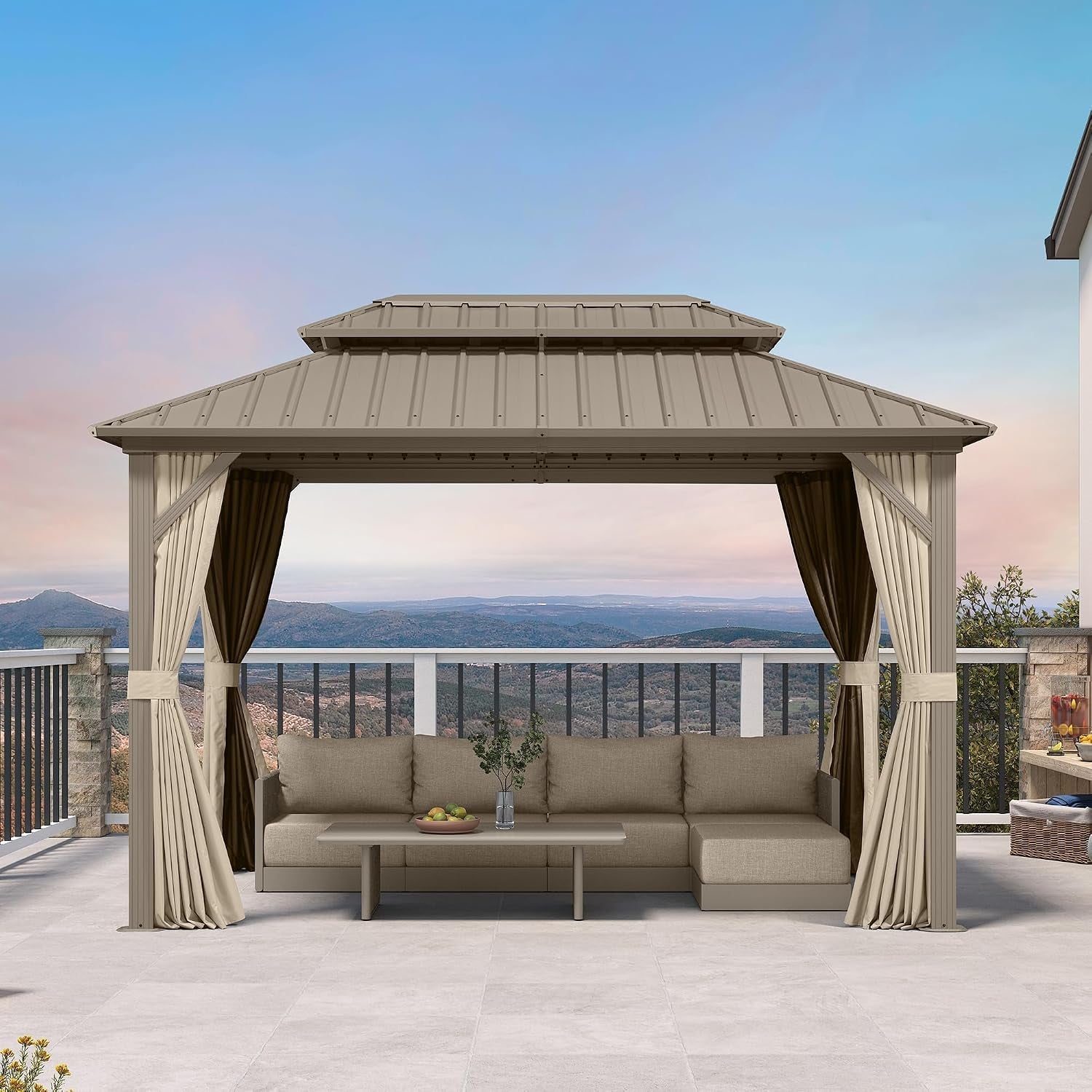 8x12 Foot Champagne Aluminum Gazebo Featuring Curtains