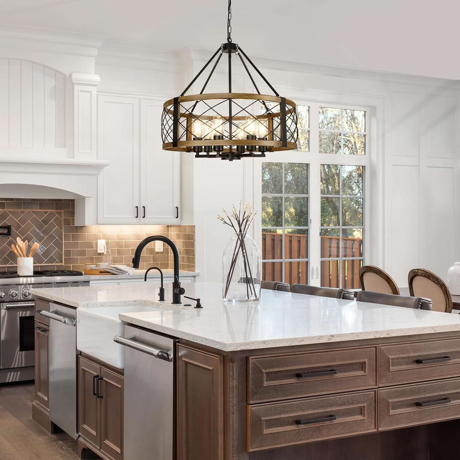 Six Light Walnut Wood Grain Finish Farmhouse Chandelier