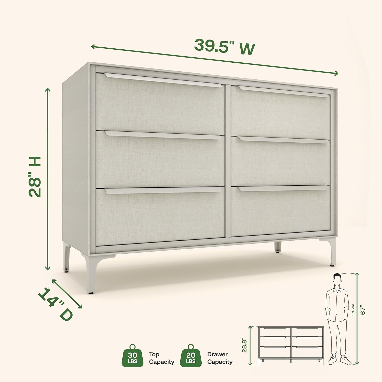 Gleaming Silver Premium Fabric Dresser Six Drawers