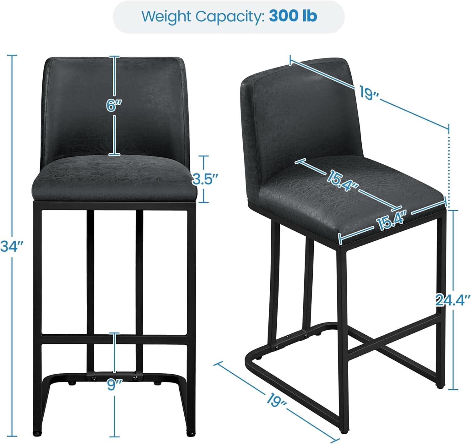 24 Inch Dark Gray Leather Counter Height Bar Stools Set 2