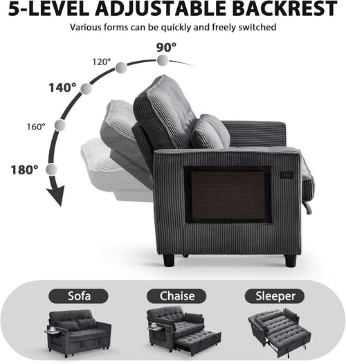 55Inch Convertible Sleeper Sofa With USBPort Corduroy