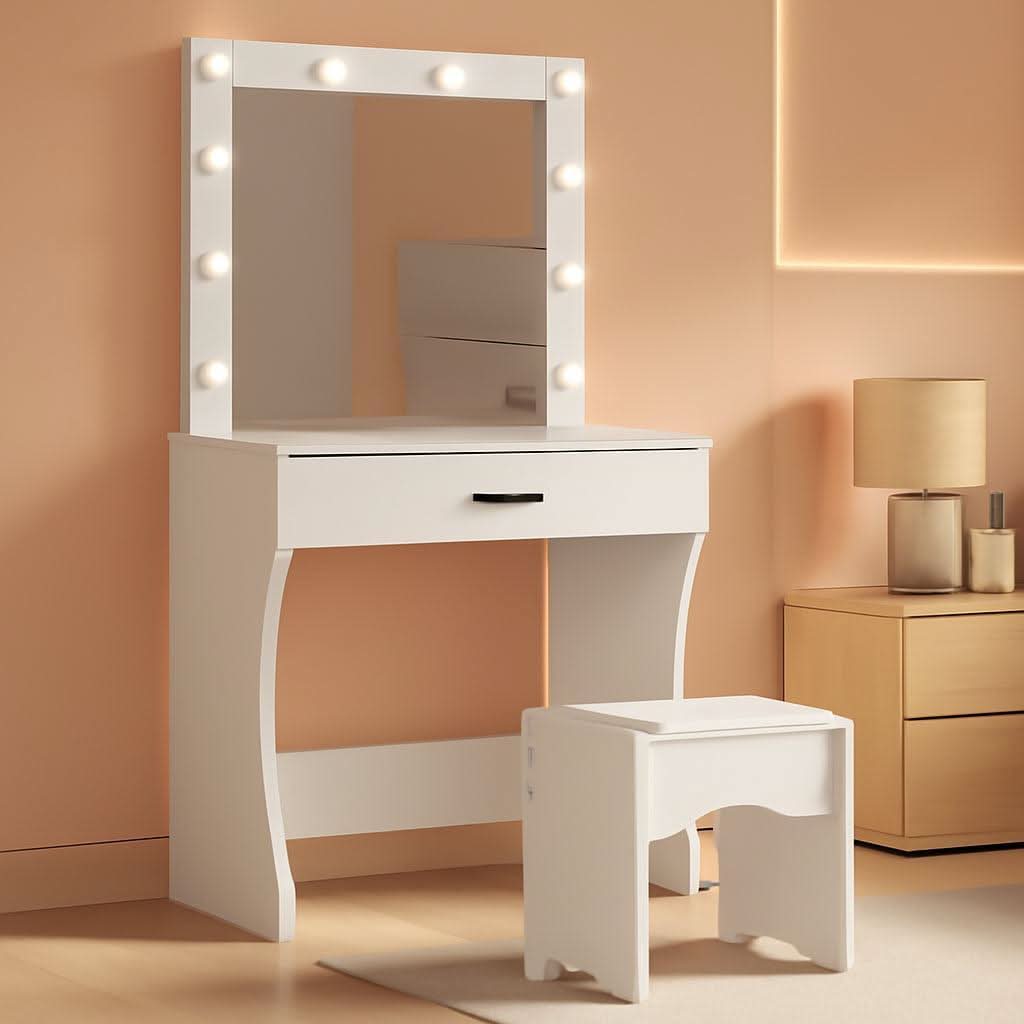 White Vanity Desk With Ultra Bright LED Mirror Storage