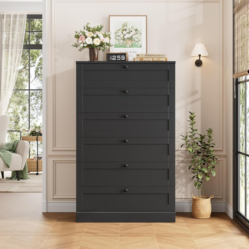 Black 52Inch Towering Six Drawer Contemporary Dresser