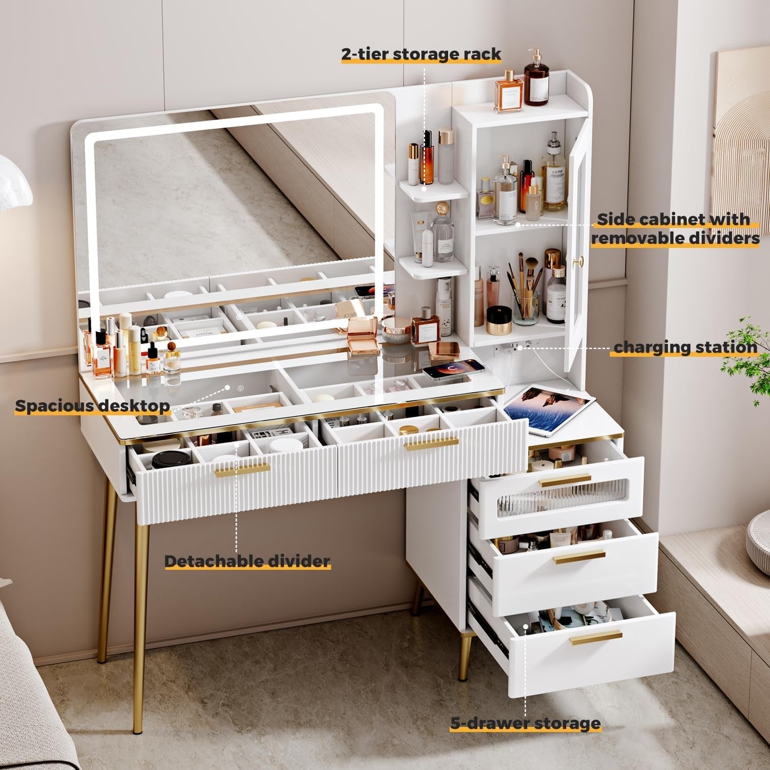 White Makeup Vanity Console With Illuminated Mirror