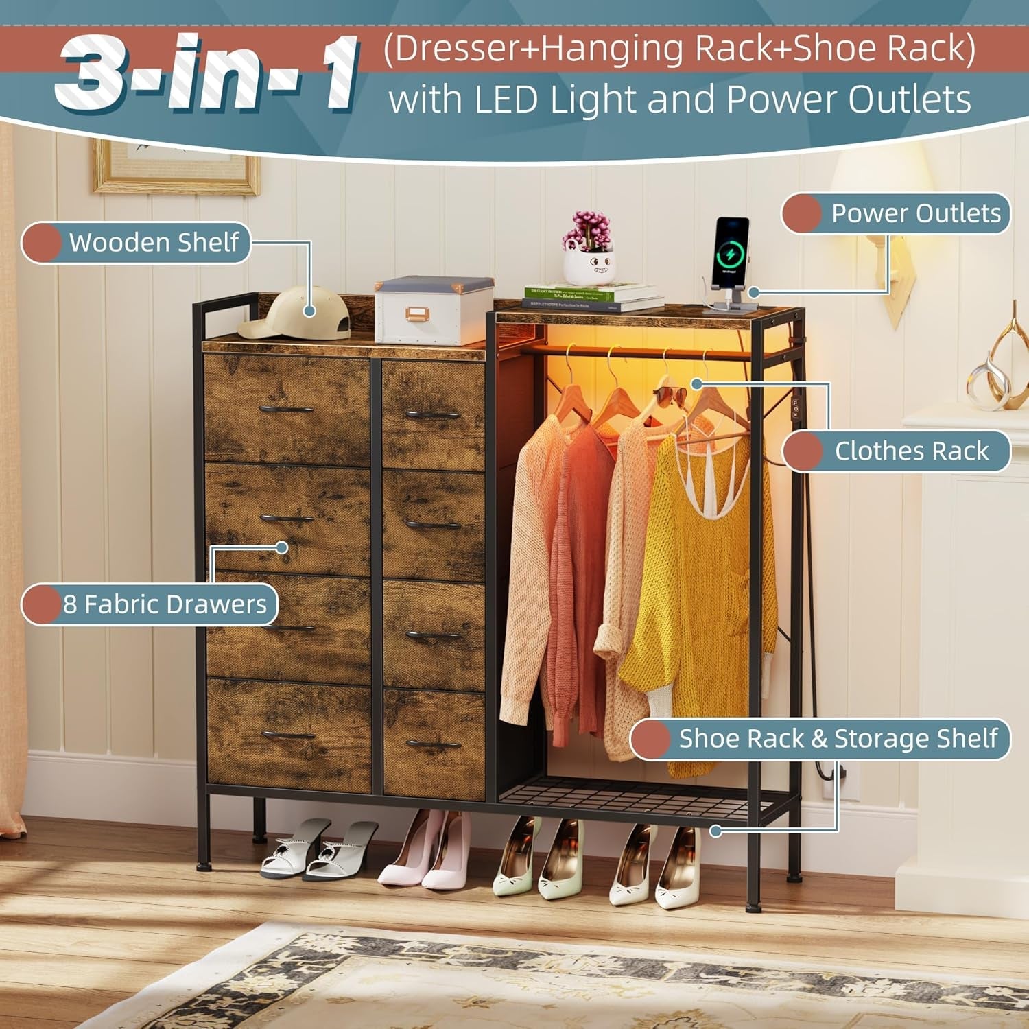 Brown Dresser With Integrated Wireless Charging Station