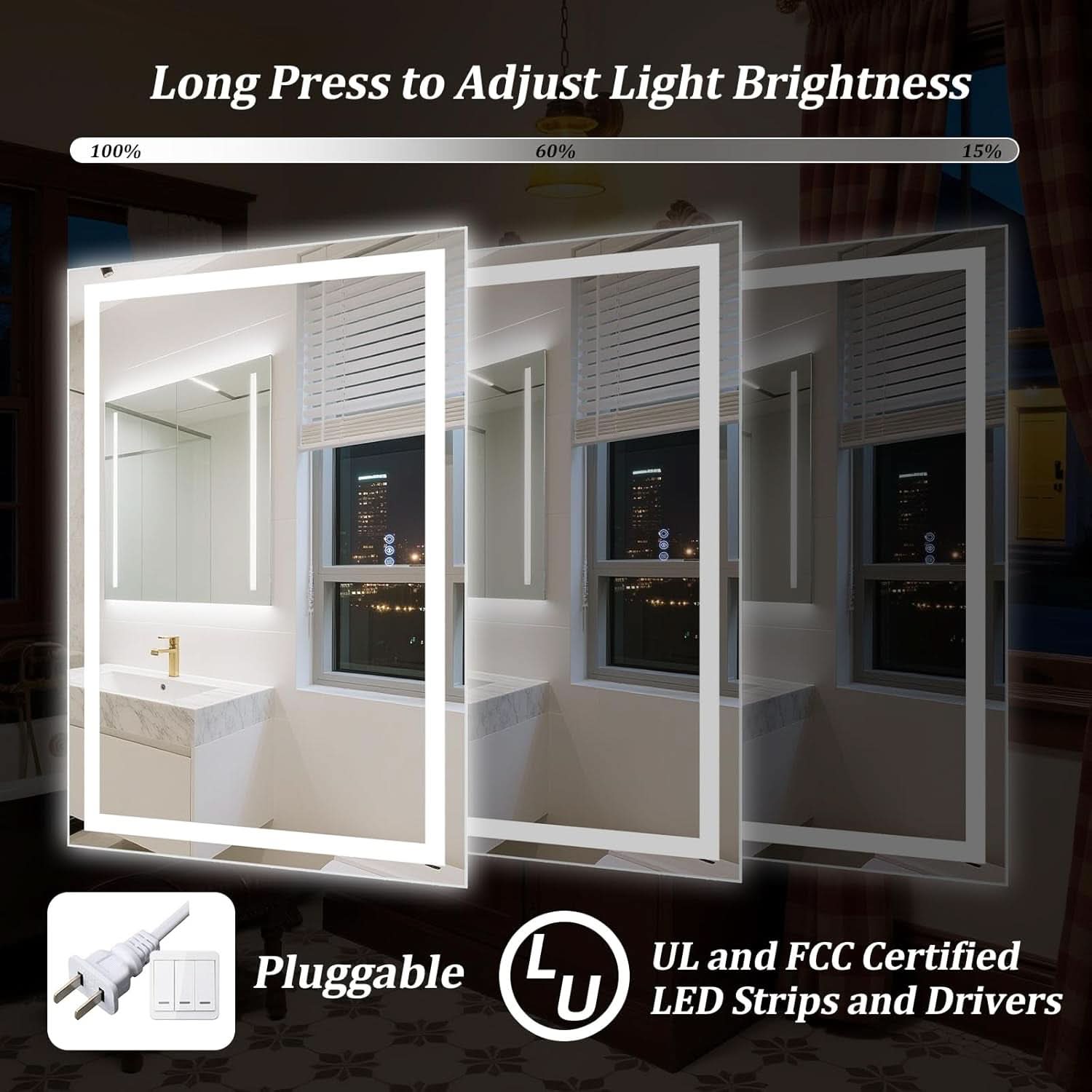 LED Wall Mounted Mirror 40x30 Antifogging Dimmable