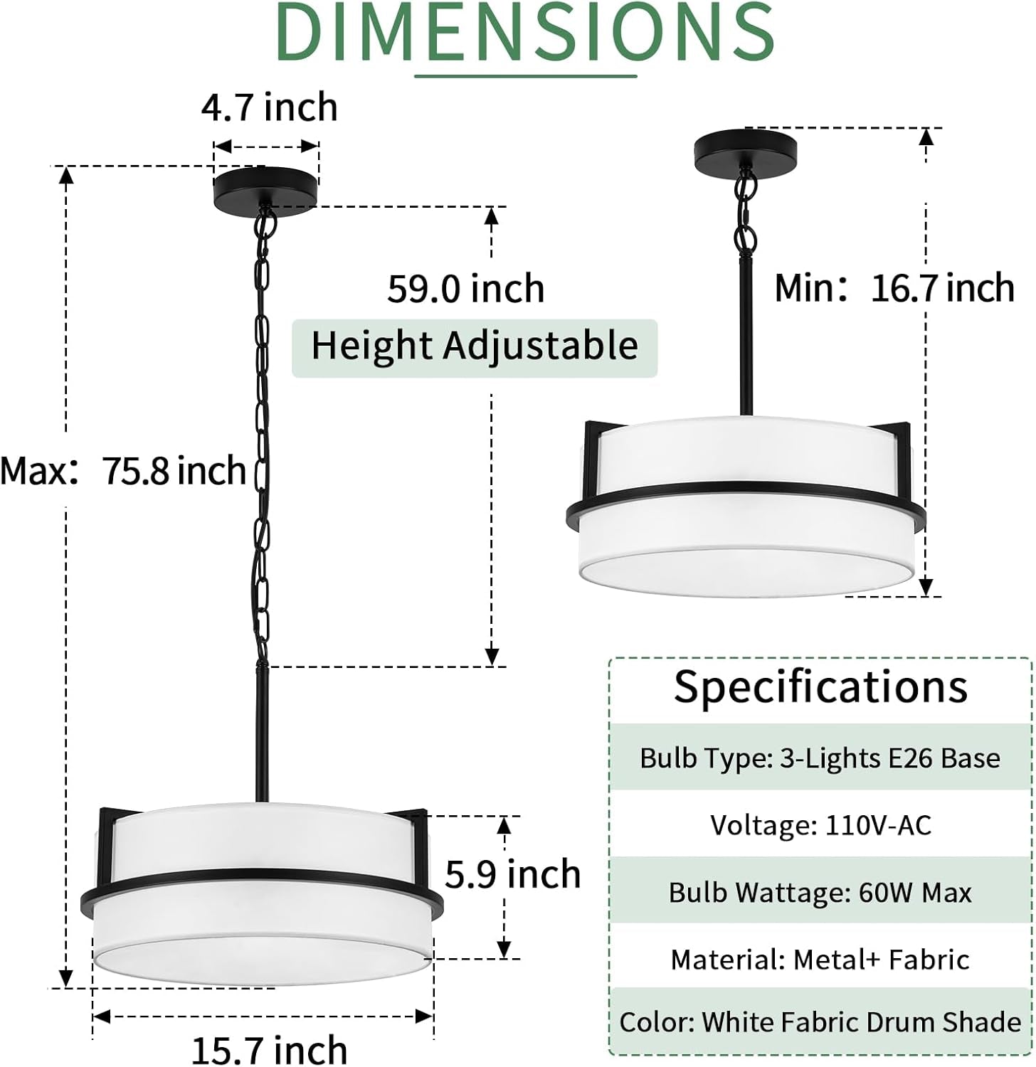 Pure White Linen Drum Pendant Chandelier 15.7Inch Wide