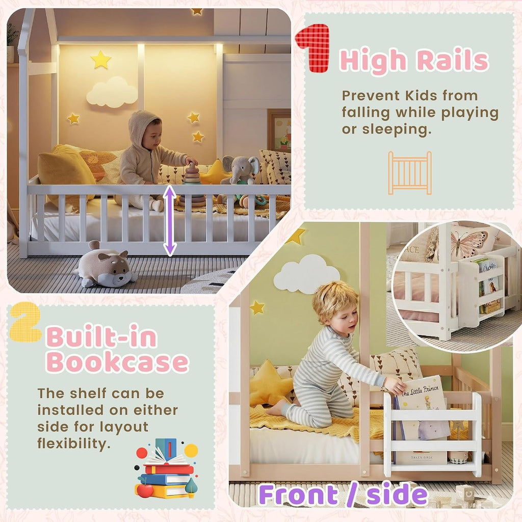 White Twin House Bed With LED Book shelf Illumination