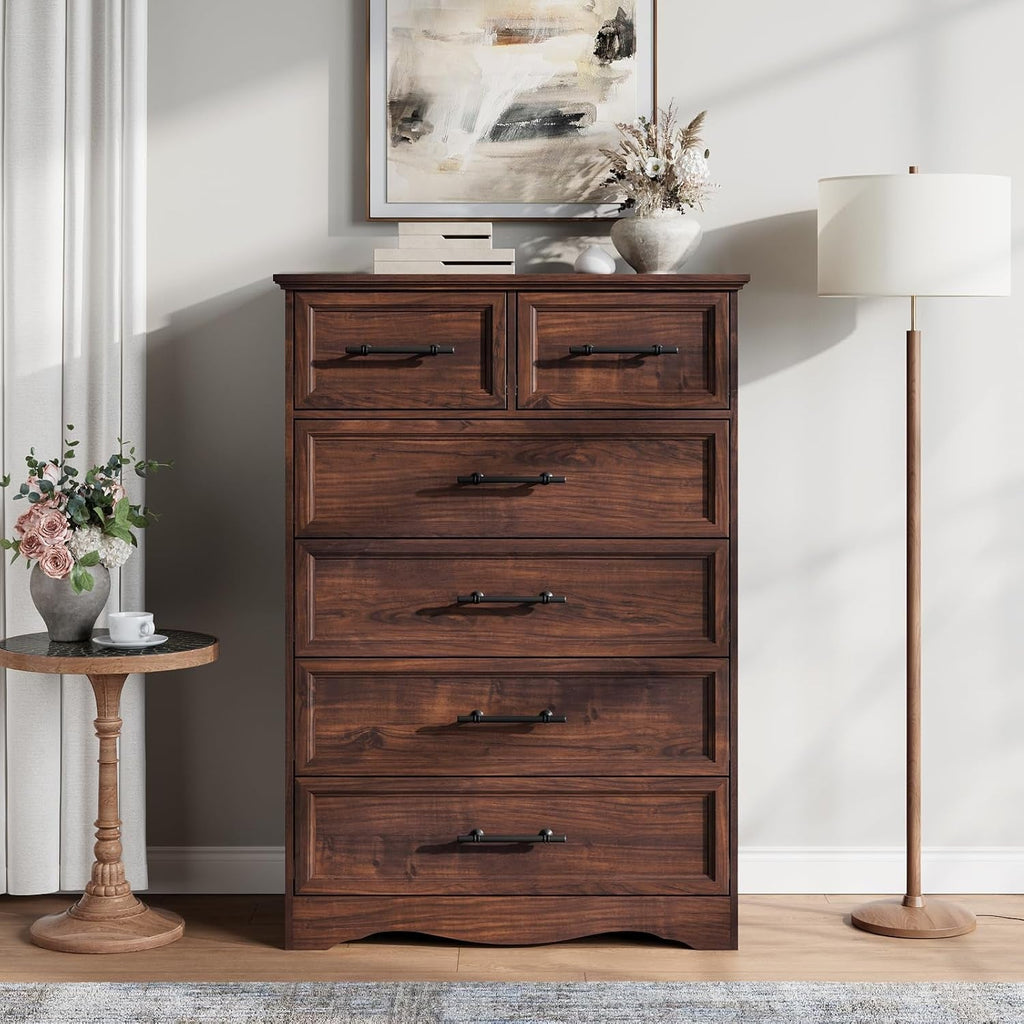 Walnut Farmhouse Chic Dresser 44 Inches Six Drawers