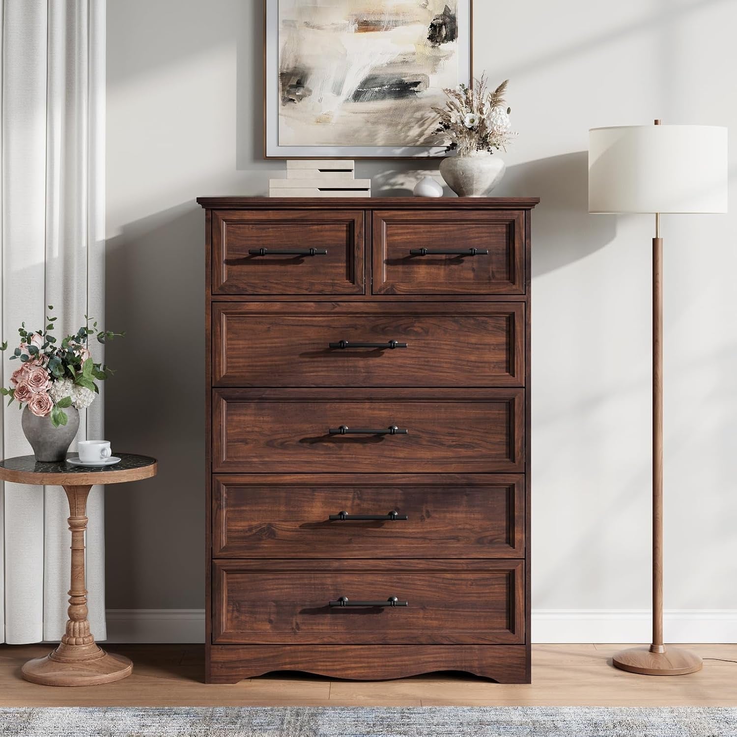 Walnut Farmhouse Chic Dresser 44 Inches Six Drawers
