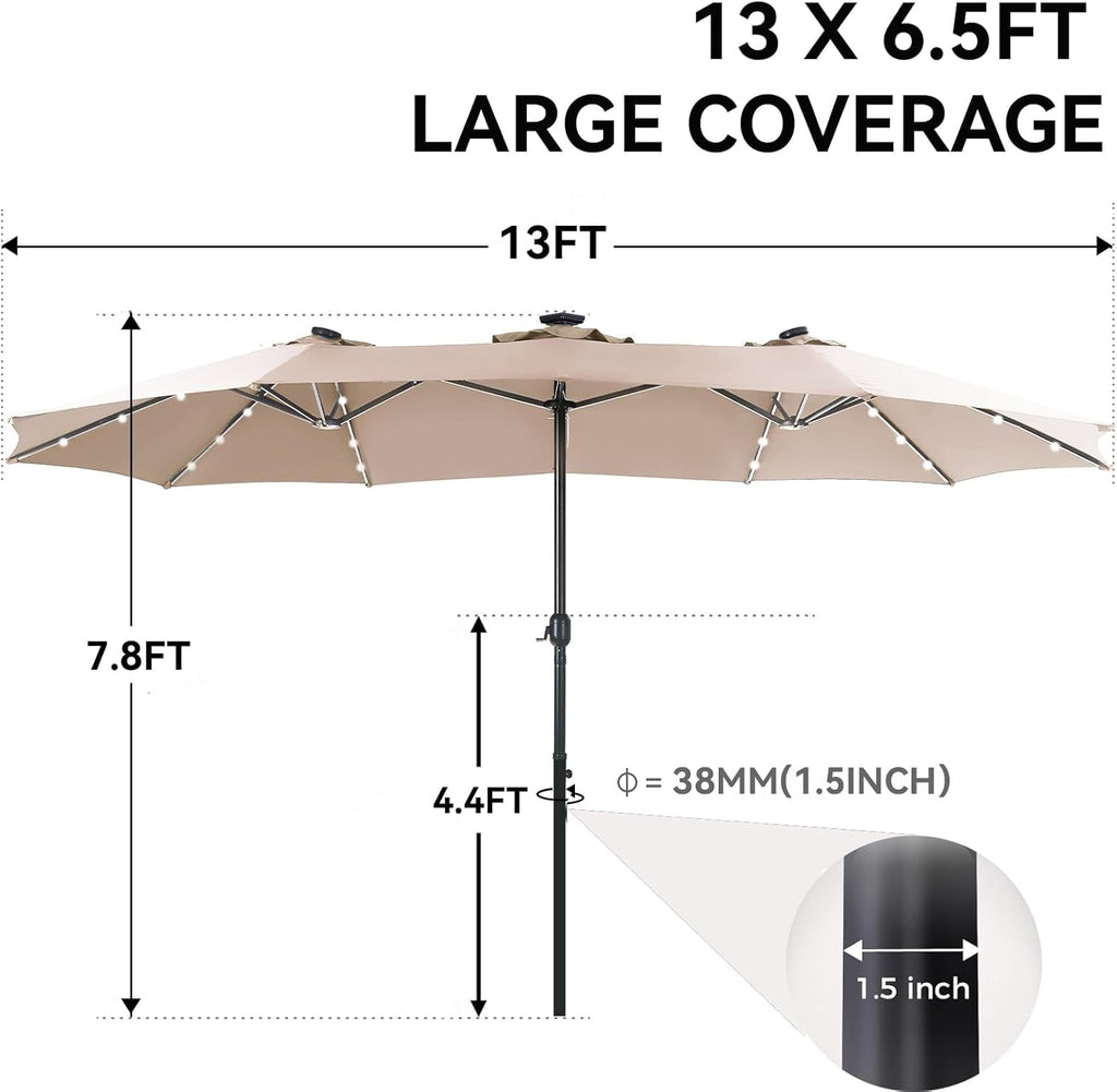 13Ft Rectangular Patio Umbrella Featuring Solar Lights