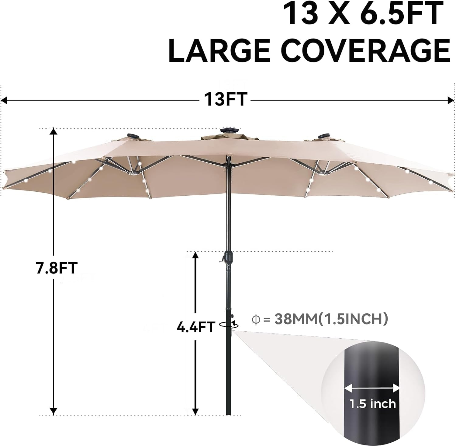 13Ft Rectangular Patio Umbrella Featuring Solar Lights