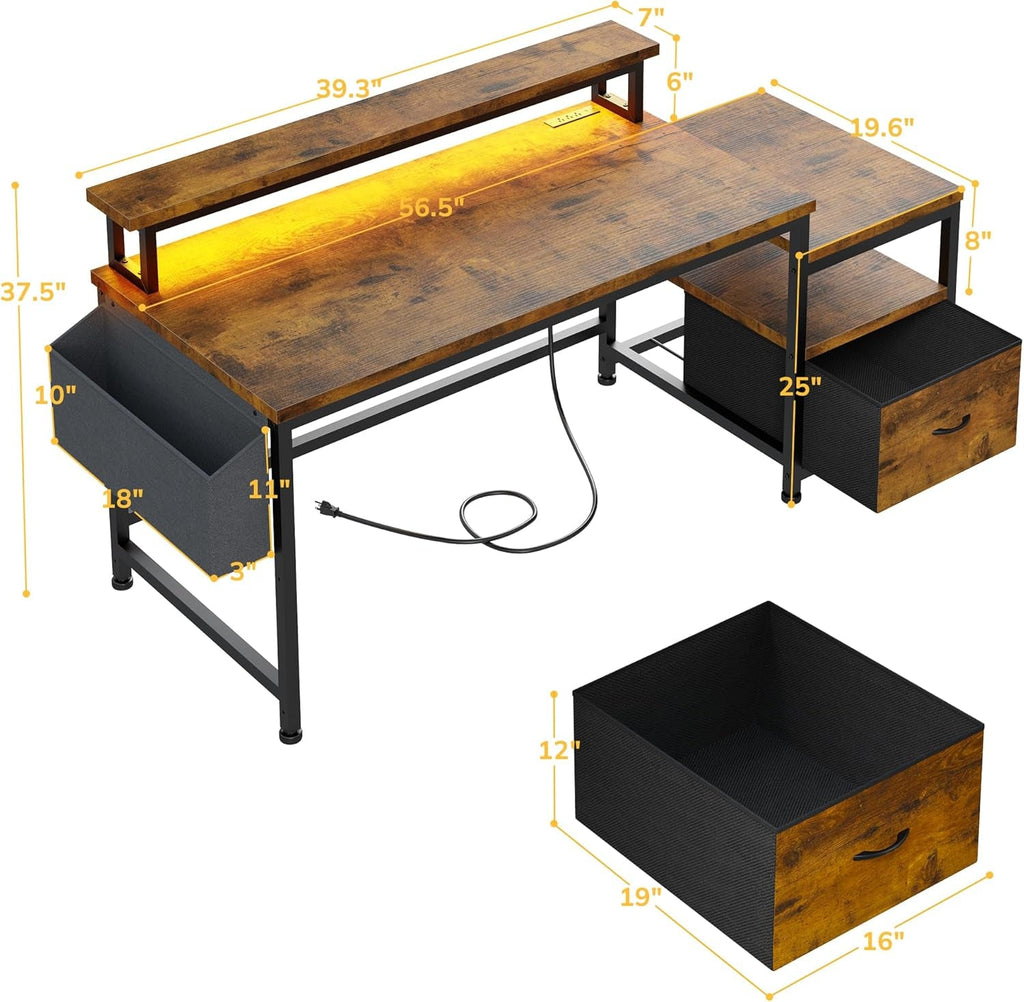 56Inch Rustic Brown Executive Office Workstation Drawers