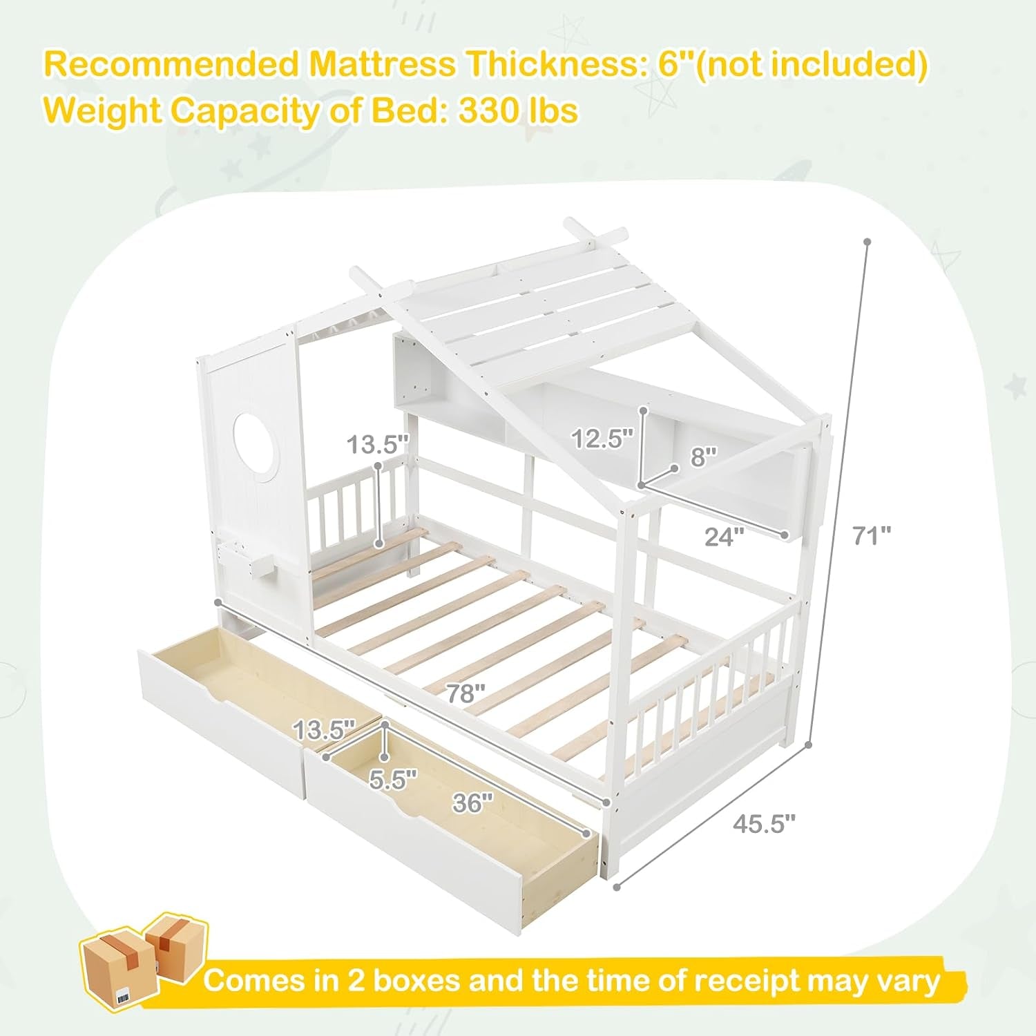 White Twin Size Wooden House Bed Two Under bed Storage Drawers