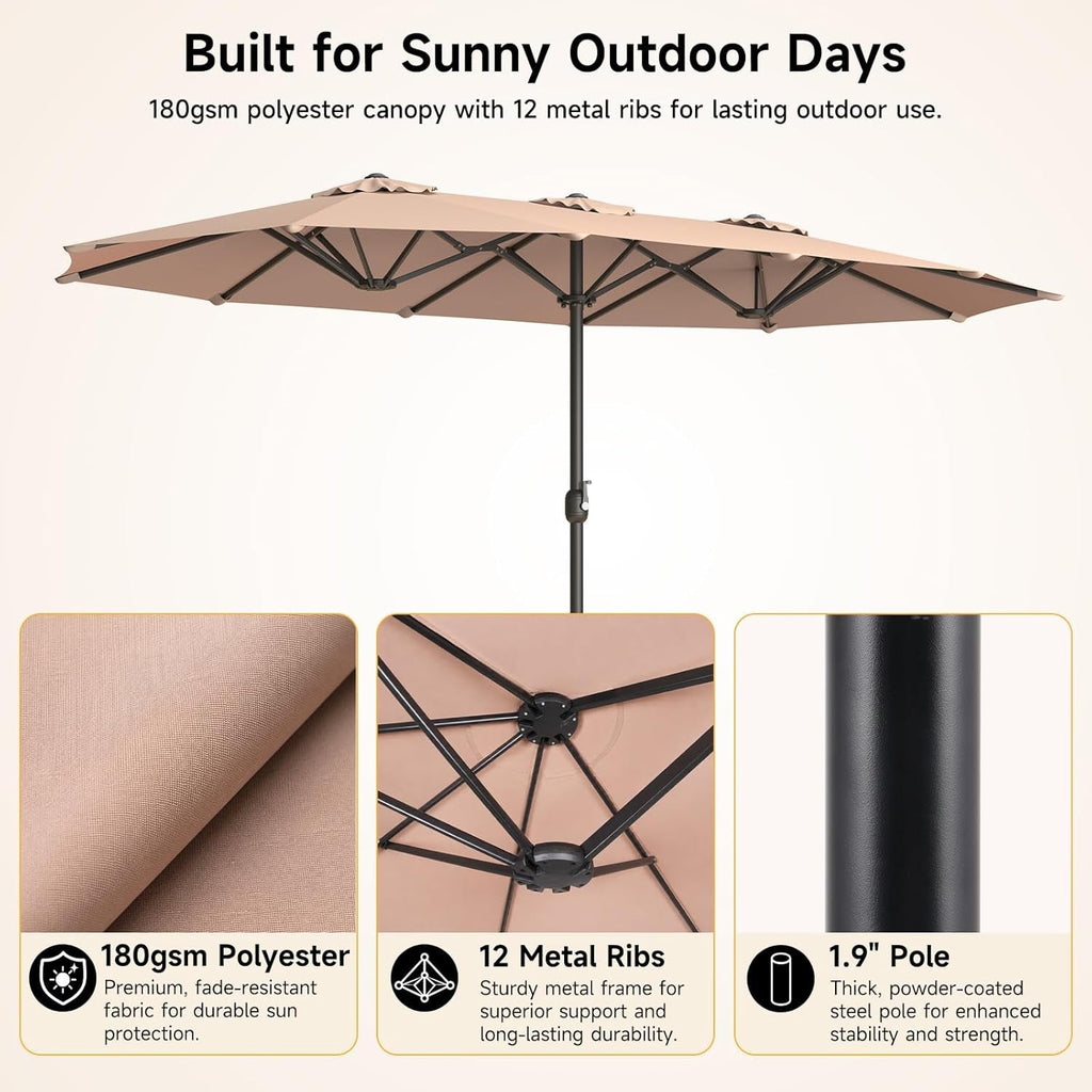 Fifteen Foot Beige Patio Umbrella With Deluxe Crank