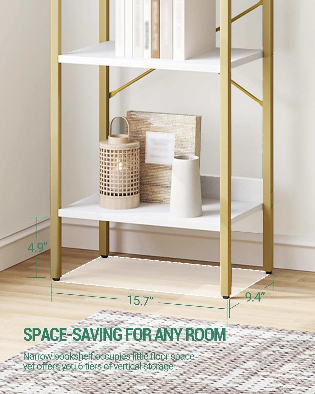 White Gold Space-Saving 6-Tier Narrow Bookshelf Unit