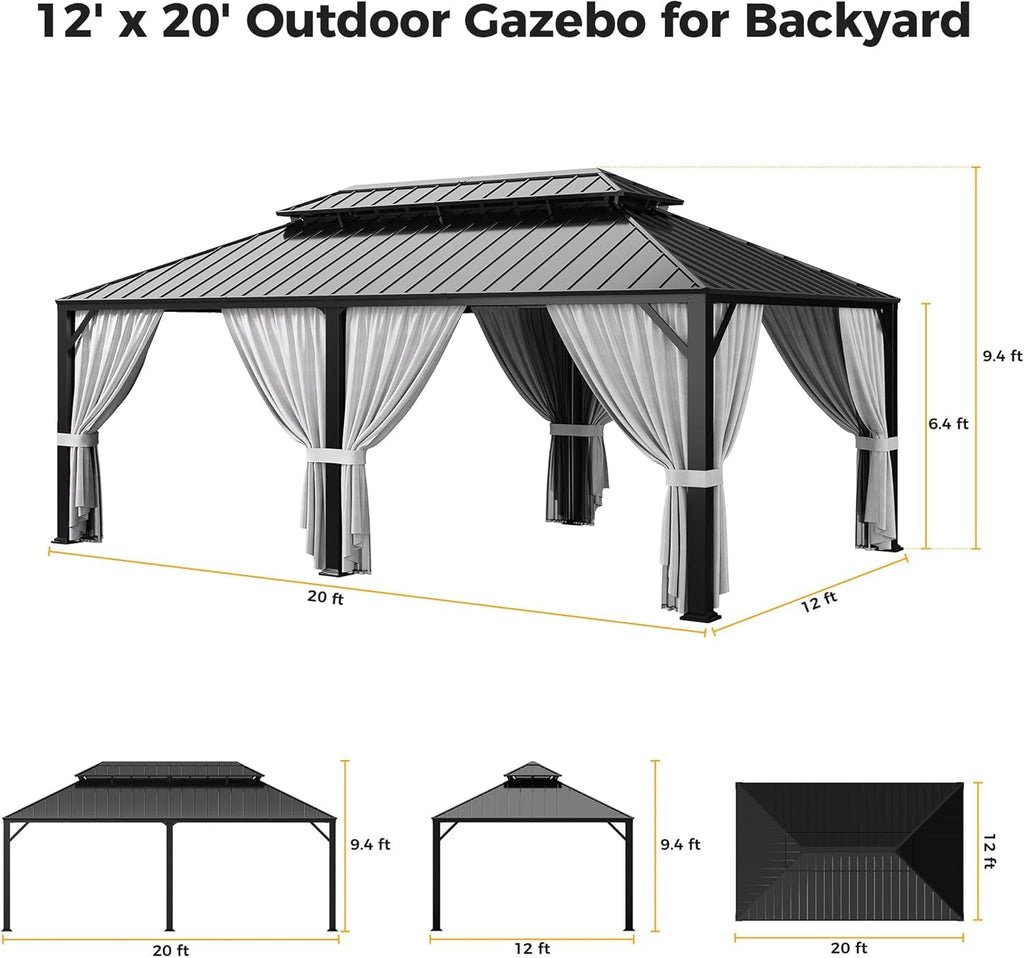 20x12 Hardtop Gazebo Aluminum Frame Outdoor Gray Weatherproof