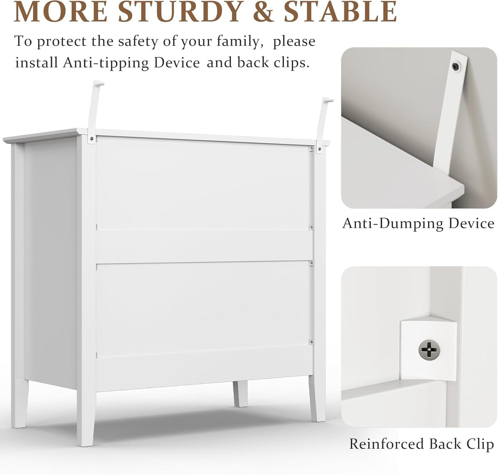 White Fluted 32 Inch Wide Three Drawer Dresser Cabinet