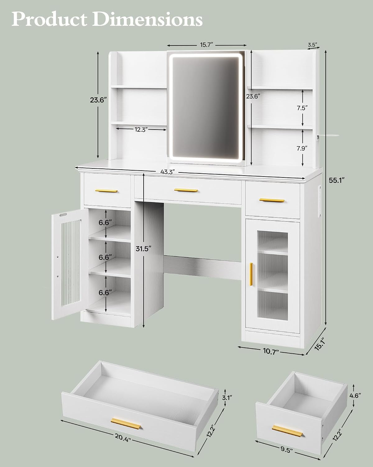 Vanity Desk 43 Point 5 Inches Illuminated Mirror Lights White