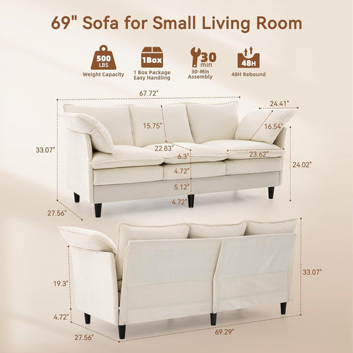 69 Inches Beige Overstuffed Ergonomic Chenille Sofa