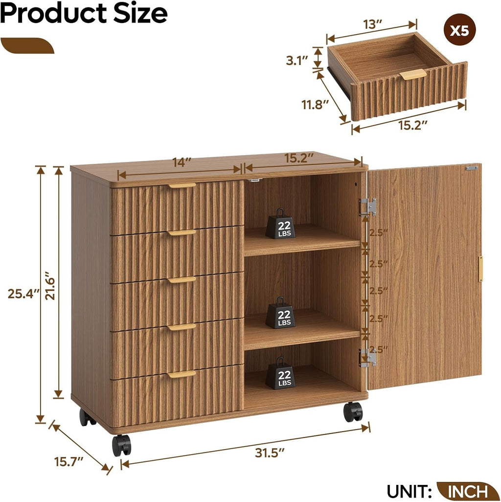 Five Drawer Wooden File Cabinet With Adjustable Shelf