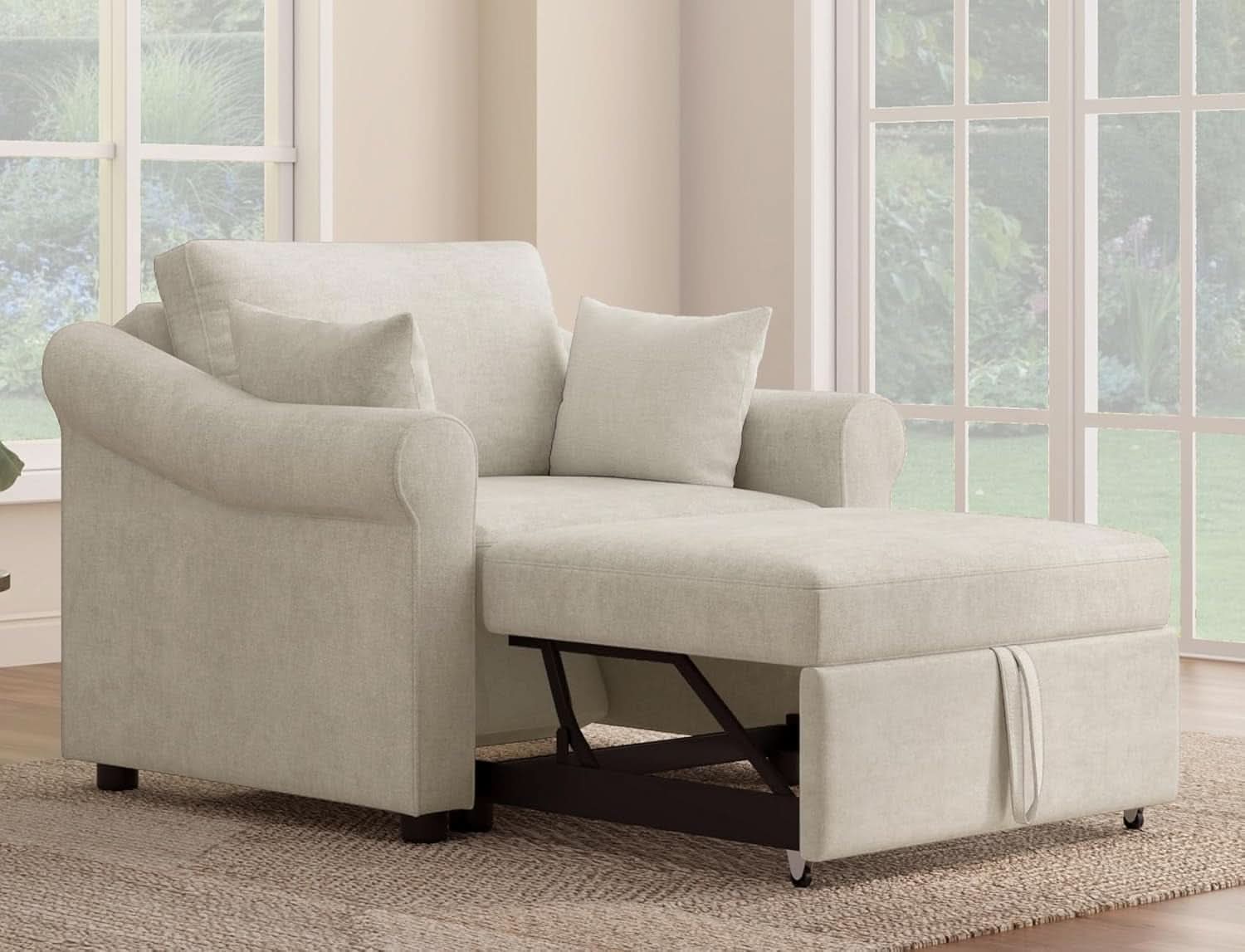 Chenille Convertible Sleeper Chair With Backrest Beige