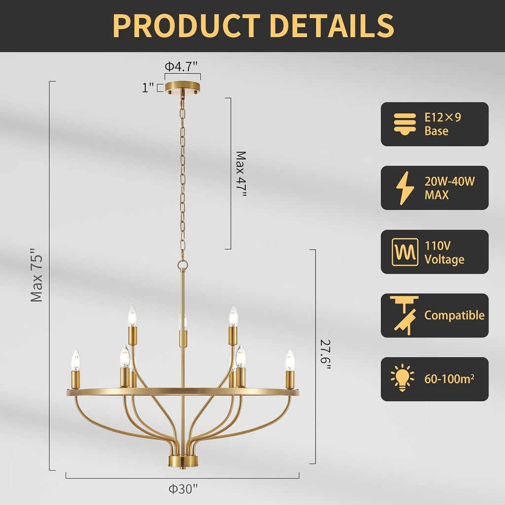 30Inch Crystal Gold Tone Chandelier Nine Light Fixture