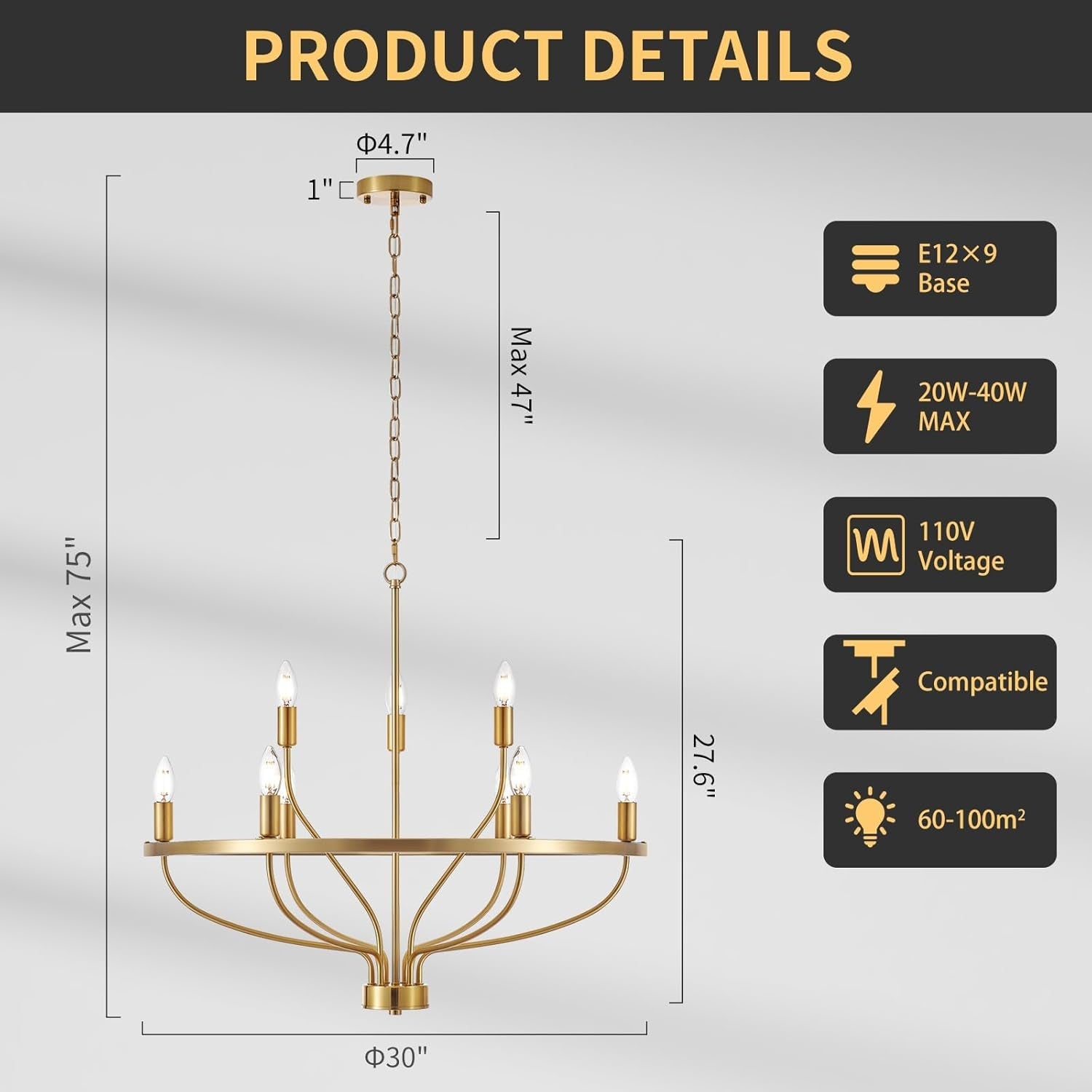 30Inch Crystal Gold Tone Chandelier Nine Light Fixture