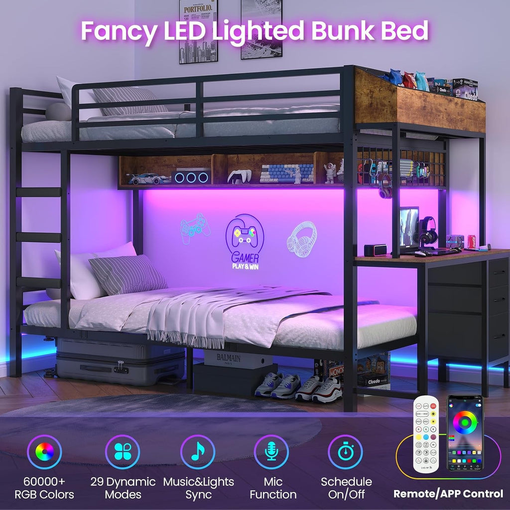 Twin Over Twin Metal Bunk Bed With Desk Black Space Saving Design Efficient
