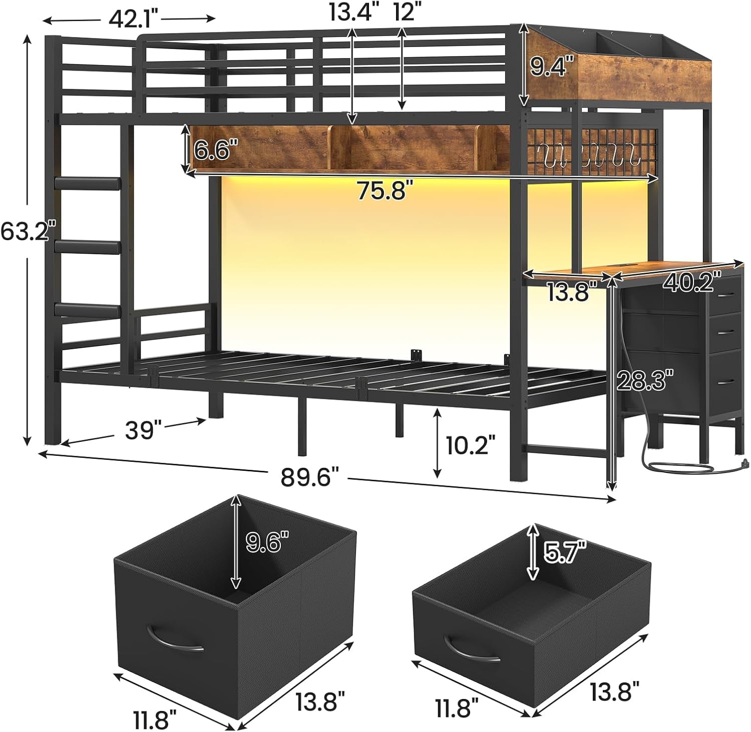 Twin Over Twin Metal Bunk Bed With Desk Black Space Saving Design Efficient