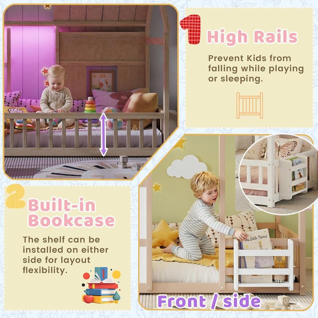 Natural Wood Montessori Twin House Bed Bookcase LED